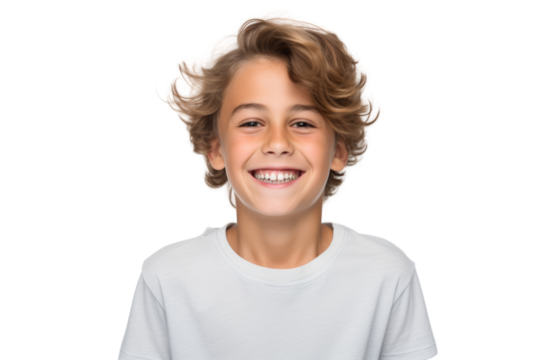 Joyful young boy grinning and smiling broadly Isolated on white background