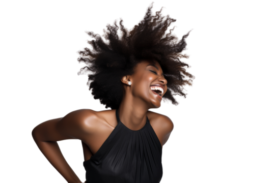 Joyful black woman dancing, expressing happiness Isolated on white background