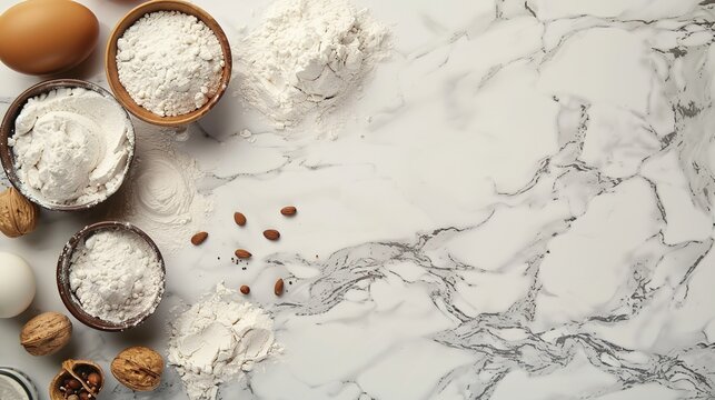 Food preparation on a marble countertop - baking ingredients spread out in overhead view