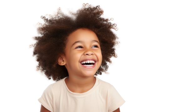 Joyful African American child grinning widely Isolated on white background