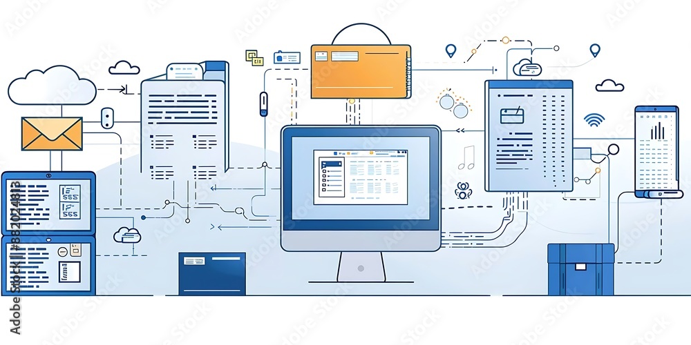 Poster illustration of a networked computer system with multiple devices and connections