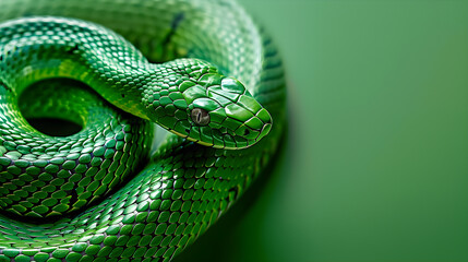 Fototapeta premium Vibrant green snake coiled on emerald background, copy space. Perfect for nature, wildlife, and ecological content.