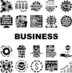 business process technology chart icons set vector. employee engagement, succession planning, change management, development business process technology chart glyph pictogram Illustrations