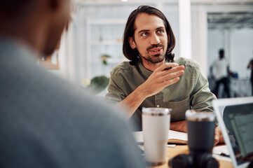 Business people, meeting and planning for ideas, teamwork advice or collaboration at publishing...
