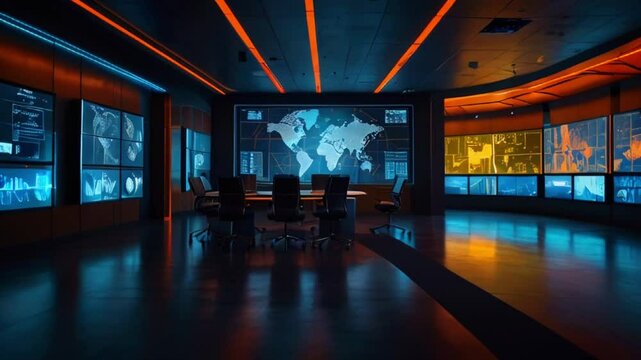 A futuristic control room with a large world map on the wall and several computer screens.