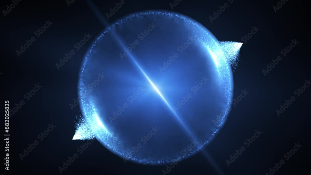 Poster Abstract glowing sphere, energy ball shines brightly with rays of light, magic waves from particles and dots, abstract atomic science background, seamless loop