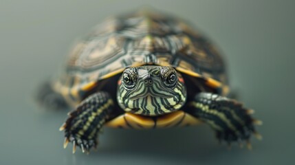Obraz premium A tiny, inquisitive turtle photographed up close, under soft natural lighting against a simple, uncluttered background. 