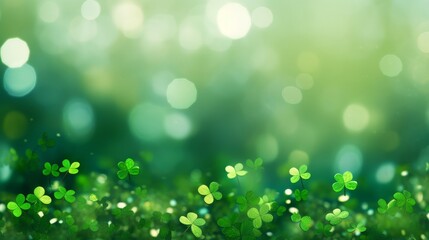 Fototapeta premium Clover Confetti with Green Bokeh Background