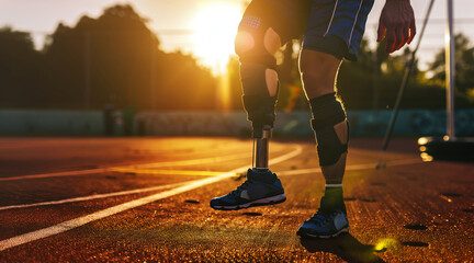 AI Image. Male Athlete With Leg Prosthesis Ready for Competition at Sunset. Generative AI