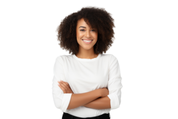Happy black woman smiling confidently, arms crossed Isolated on white background