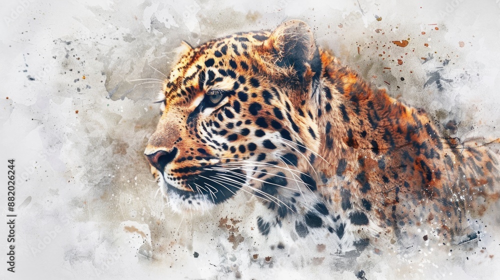 Poster close-up of a leopard's face on a white background