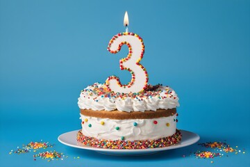 3rd birthday cake with blue frosting, colorful sprinkles, and burning candles, isolated on blue background