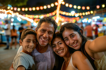 Naklejka premium Happy Family Taking a Selfie at a Night Market. Generative AI