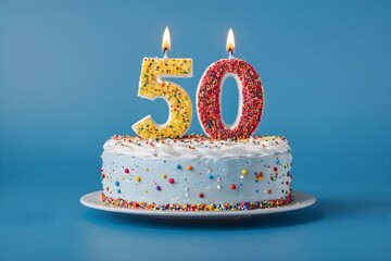 50th birthday cake with blue frosting, colorful sprinkles, and burning candles, isolated on blue background