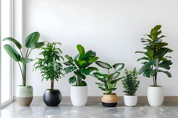Fototapeta premium Potted houseplants against a white wall, perfect for interior design purposes with a minimalist and tranquil atmosphere. Ample copy space available.