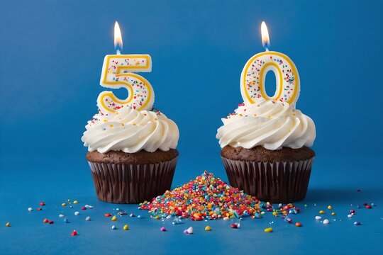 50th birthday cupcakes with whipped cream, sprinkles, candles, and number 50, isolated on blue background - Powered by Adobe