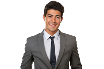 Handsome young man in business attire, featuring a gray shirt and a welcoming smile. Isolated on white background