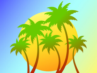 Silhouettes of palm trees at sunset gradient sun. Summer time. Colorful gradient colors, tropical sunset with palm trees and sun. Design for banners, posters, covers and booklets. Vector illustration