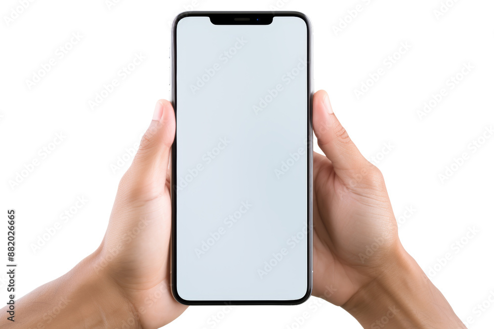 Poster Hand using transparent screen smartphone for video call Isolated on white background