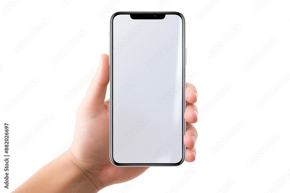 Poster hand using transparent screen smartphone for video call isolated on white background