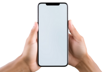 Hand using transparent screen smartphone for video call Isolated on white background