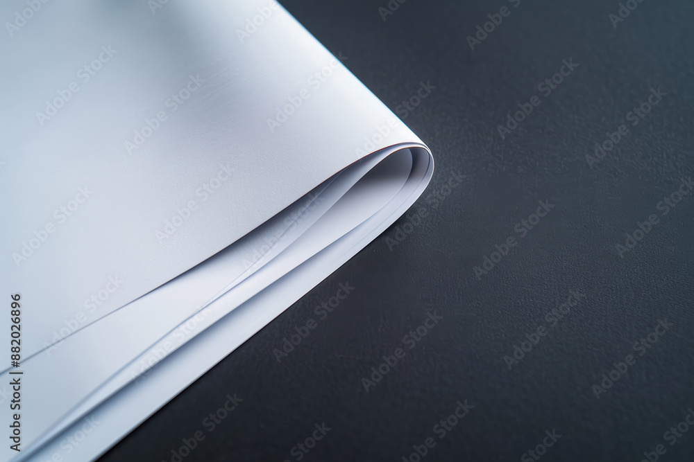 Poster close-up of a neatly folded sheet of white paper on a sleek, dark surface, emphasizing minimalism an