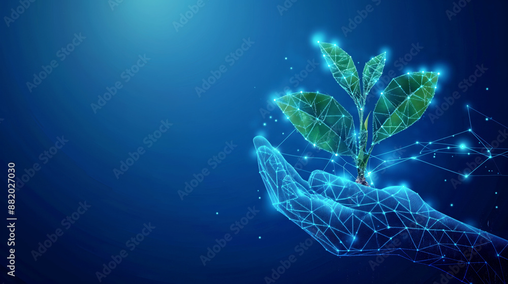 Sticker digital artwork of a glowing polygonal hand holding a green plant on dark background.