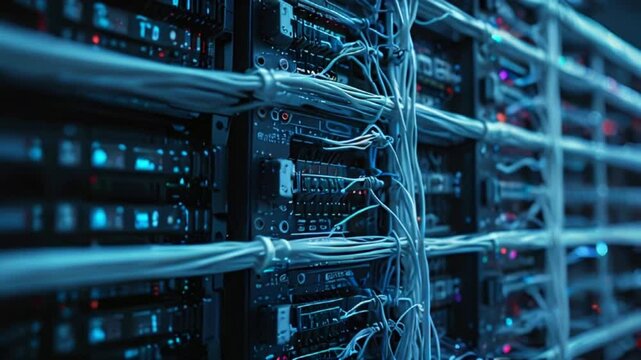 A dark blue image of a server room with many blinking lights and a lot of cables.