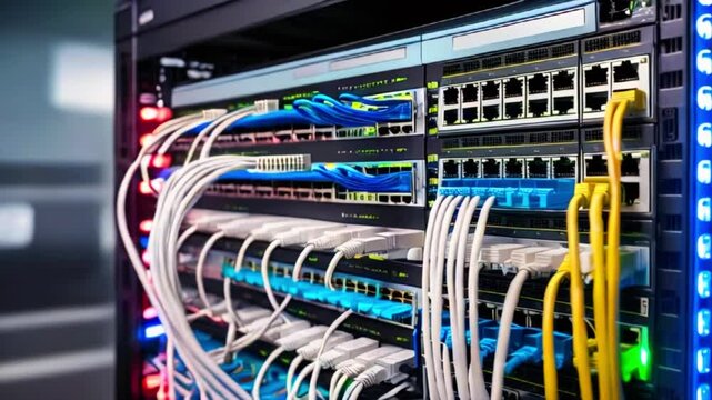 A rack-mounted network switch with many blue, yellow, and white cables plugged into it.