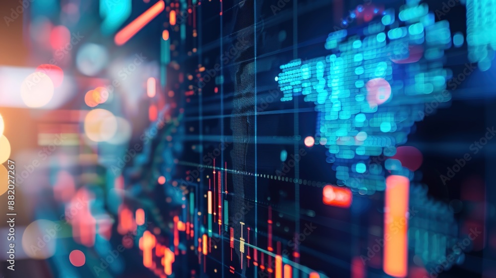 Poster illuminated data analytics: global market trends on computer screen