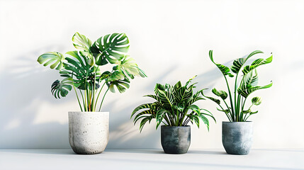 Fototapeta premium Modern potted plants on a white background with natural light and shadows. Ideal for interior design themes. Copy space available.
