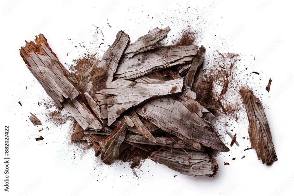Poster A stack of wood chips on a plain white surface, suitable for use as a texture or design element