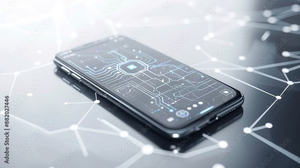 Poster modern smartphone with digital link tech application on clean white background