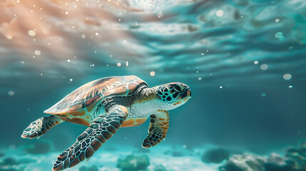 Fototapeta premium Turtle swimming in the ocean with copy space, perfect for World Turtle Day, marine life themes, and conservation awareness.
