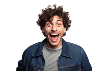 photograph of Young man making funny gestures Fun atmosphere create laughter on a white background telephoto lens realistic daylight