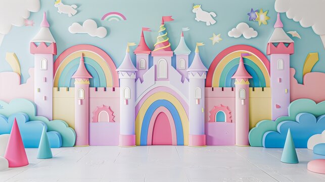 white floor and a wall with a colorful princess party backdrop, including unicorns, rainbows, and magical castles, ideal for a lively princess-themed product display. 