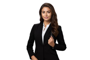 woman wearing black suit Standing and talking on the phone It shows a woman who dresses modestly. Beautiful composition. On a white background isolated