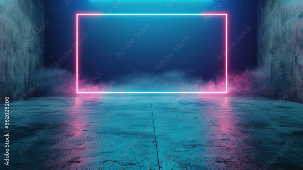 Poster modern empty room with neon frame and fog. futuristic atmosphere in concrete setting. ideal for back