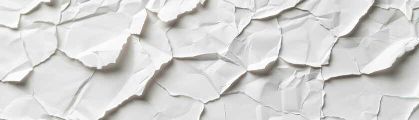 Fototapeta premium Crumpled white paper texture background, showcasing wrinkled and folded paper layers, perfect for design, art, or textured backgrounds.