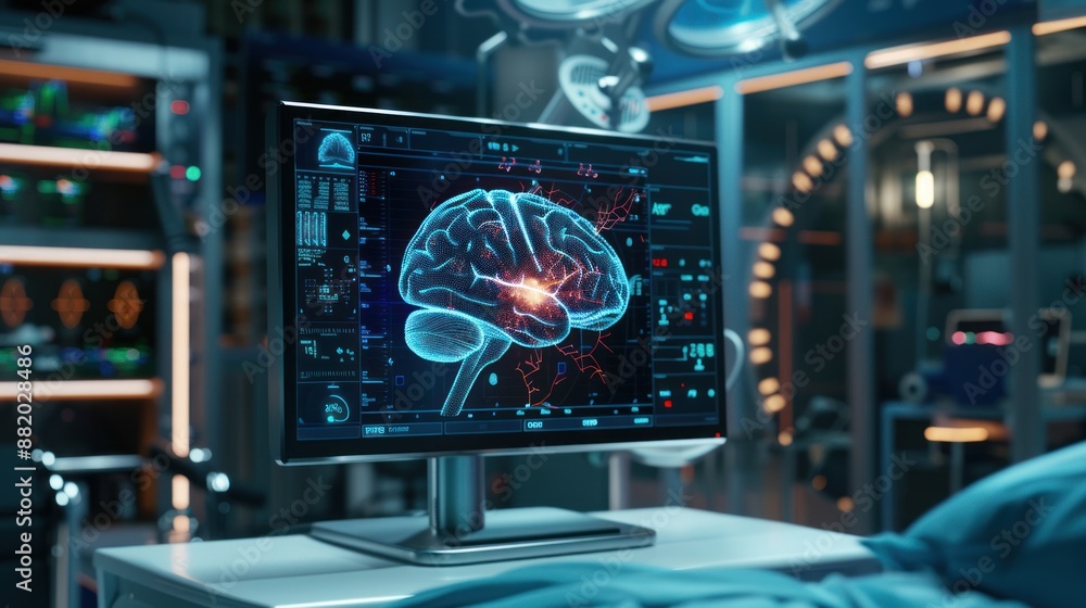 Poster digital brain scan in a futuristic operating room