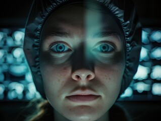 Close-up of a focused surgeon wearing a surgical cap, analyzing radiology images on a screen in a dimly lit environment.