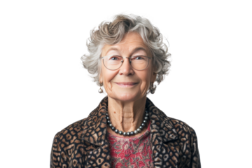 Photograph of a smiling elderly business woman Demonstrate confidence, friendliness, and success. Isolated on white background