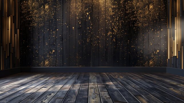 empty space with a dark wood floor and a wall with a chic black and gold birthday party theme, providing a stylish background for birthday product displays.