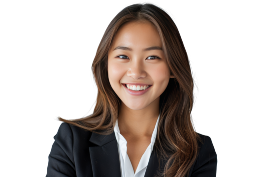 Photograph of a smiling Asian business woman Demonstrate confidence, friendliness, and success. Isolated on white background