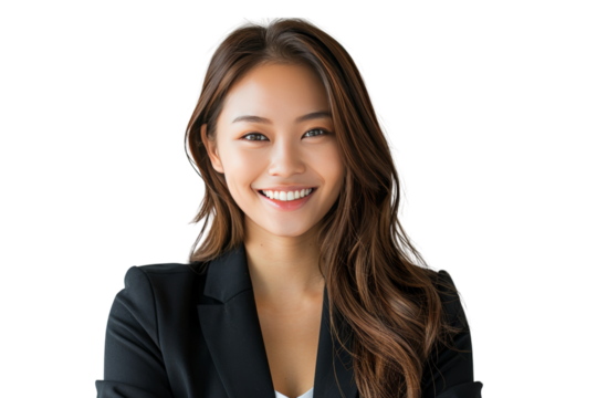 Photograph of a smiling Asian business woman Demonstrate confidence, friendliness, and success. Isolated on white background