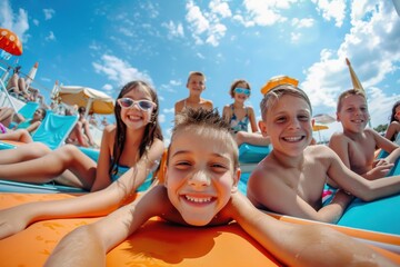 A group of children are joyfully enjoying their time at a water park on a beautiful sunny day with clear blue skies, having a swim and playing on floaties.