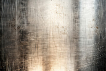 Abstract close-up of a scratched metallic surface with brushed textures and varying light reflections creating an industrial and rugged appearance.