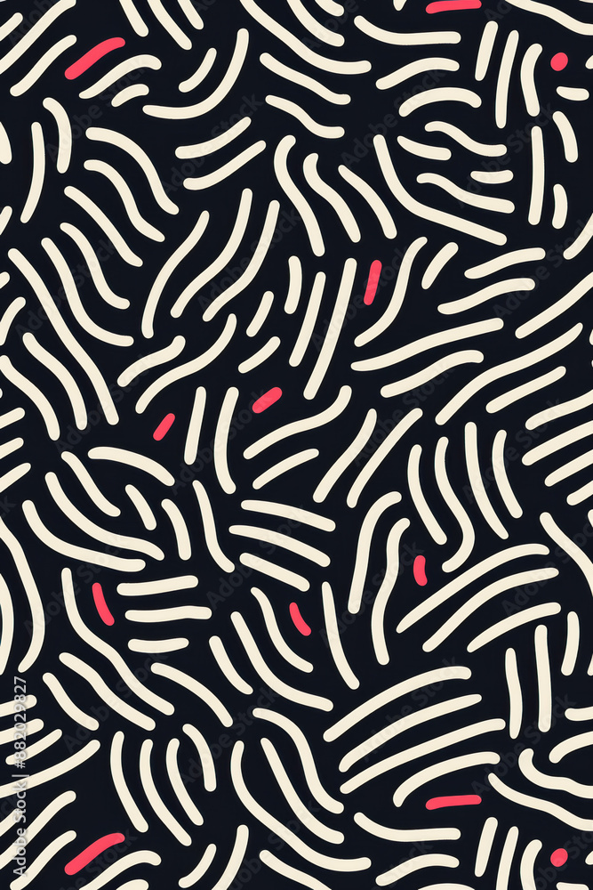 Poster abstract pattern of curved beige and red lines on a black background, creating a modern, dynamic, an