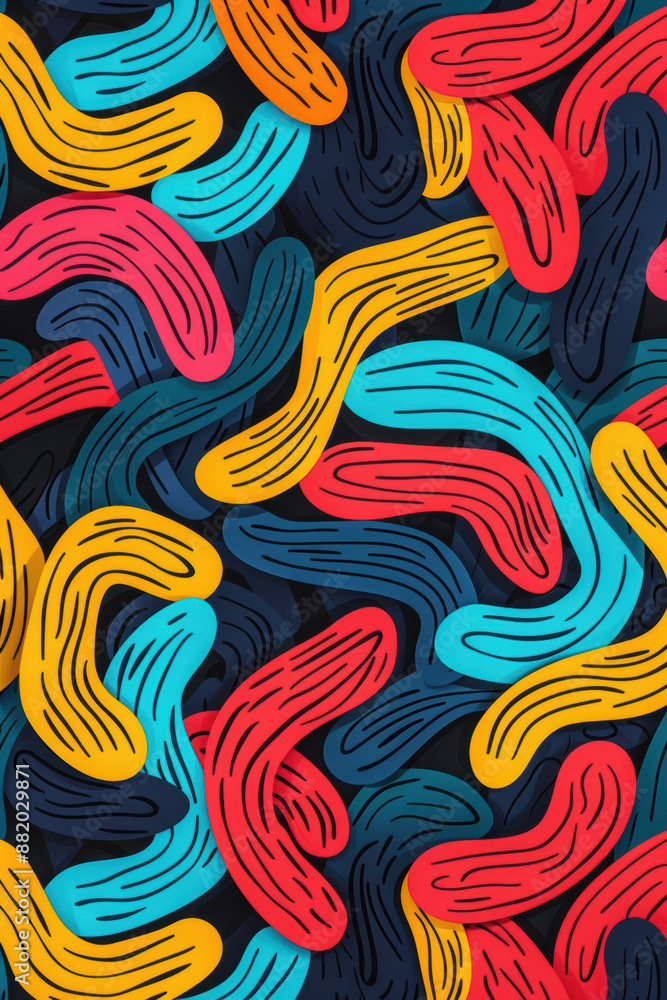 Poster vibrant abstract background with colorful intertwining shapes in red, blue, and yellow tones, creati
