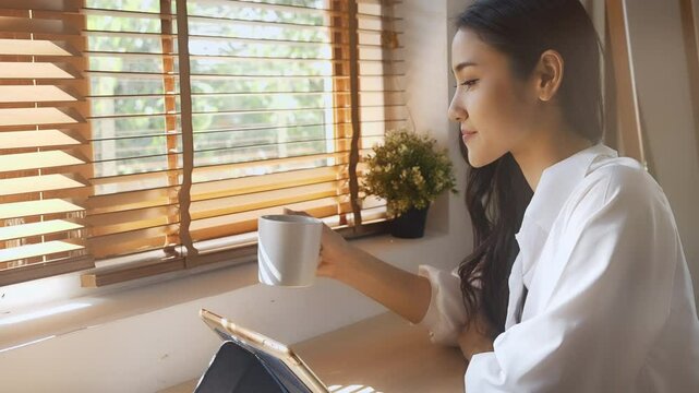 Young Asia woman drinking hot coffee and looking out of window.